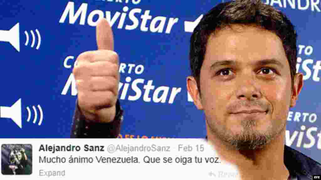 Otro cantante que manifestó su apoyo a los venezolanos es el español Alejandro Sanz. A través de su cuenta de Twitter expresó: "Mucho ánimo Venezuela. Que se oiga tu voz.".